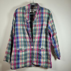 Vintage Women Erika Multicolor Retro Plaid Blazer Large Cotton